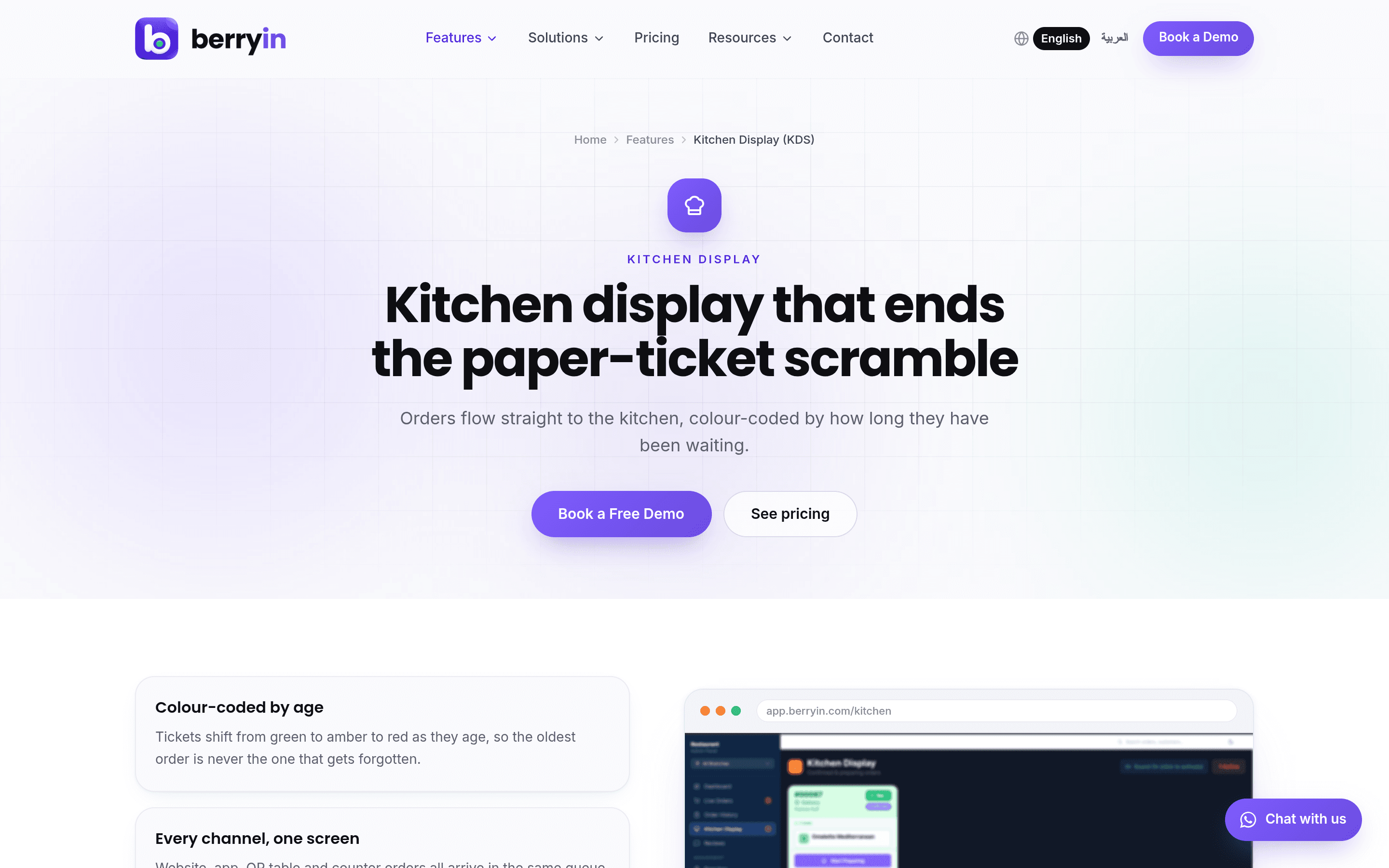 The Berryin kitchen display — orders from every channel in one timed queue, replacing printed dockets