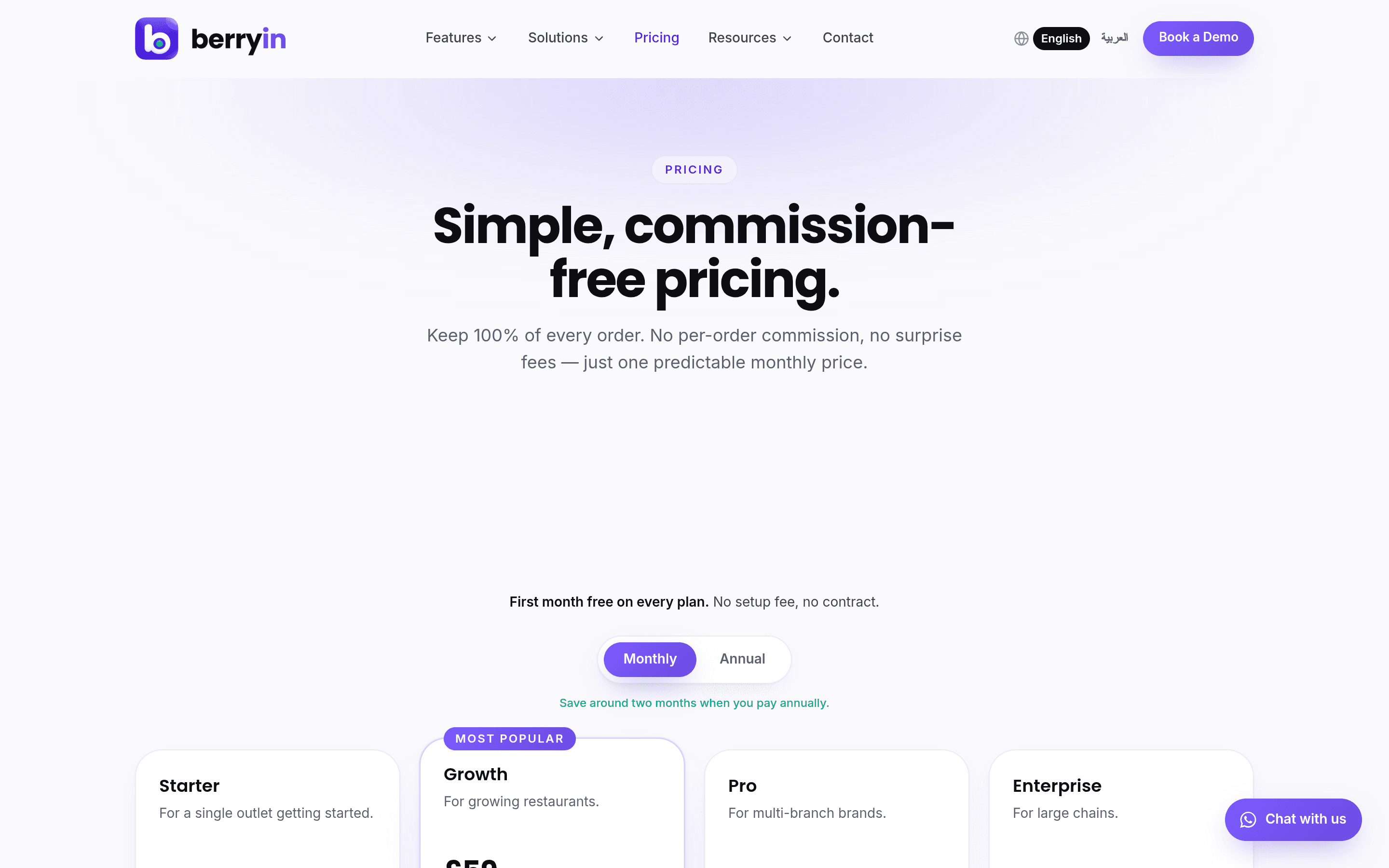 Berryin pricing — simple, commission-free monthly plans (Starter, Growth, Pro and Enterprise)