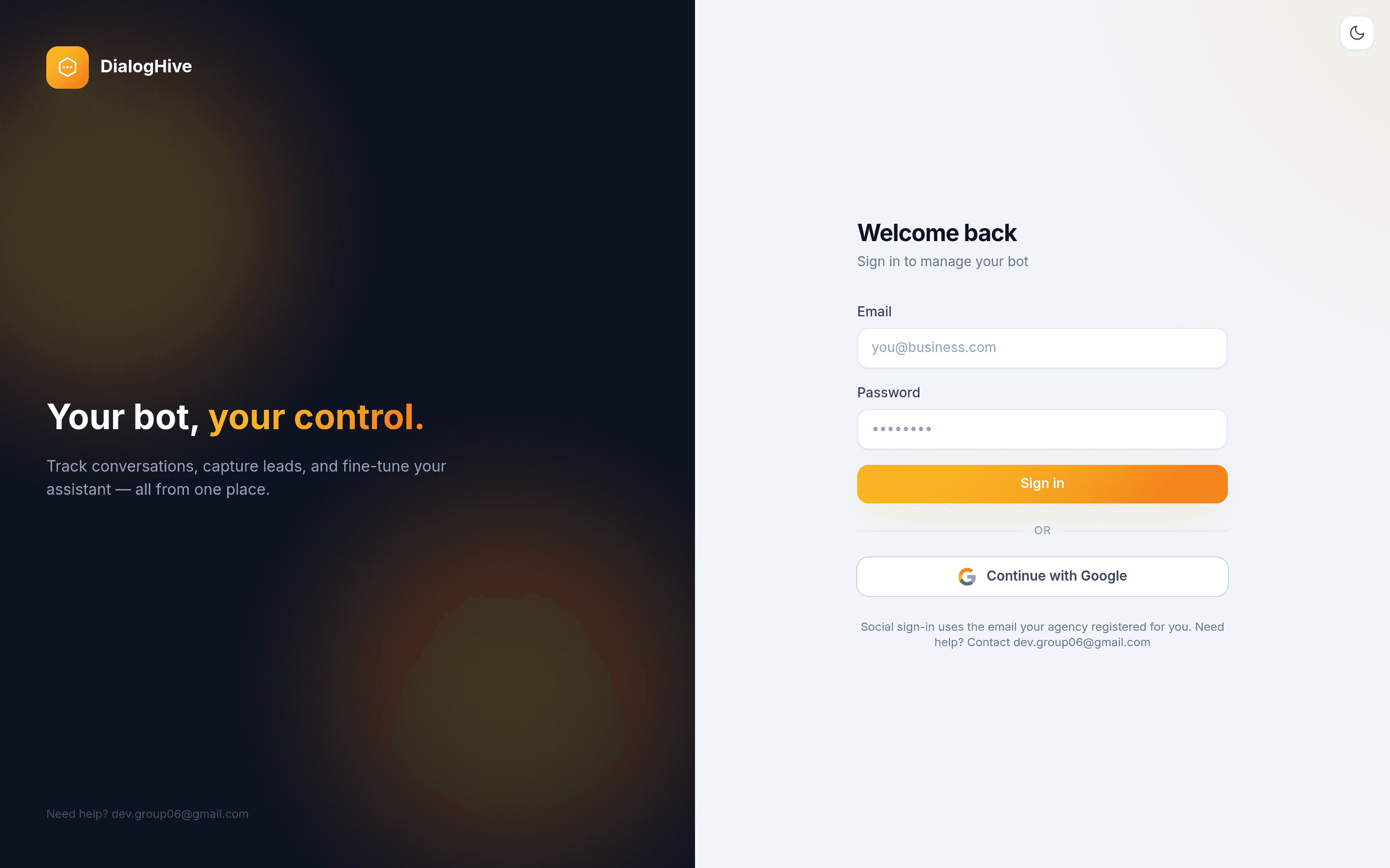 The DialogHive client portal sign-in — "Your bot, your control": track conversations, capture leads and fine-tune your assistant