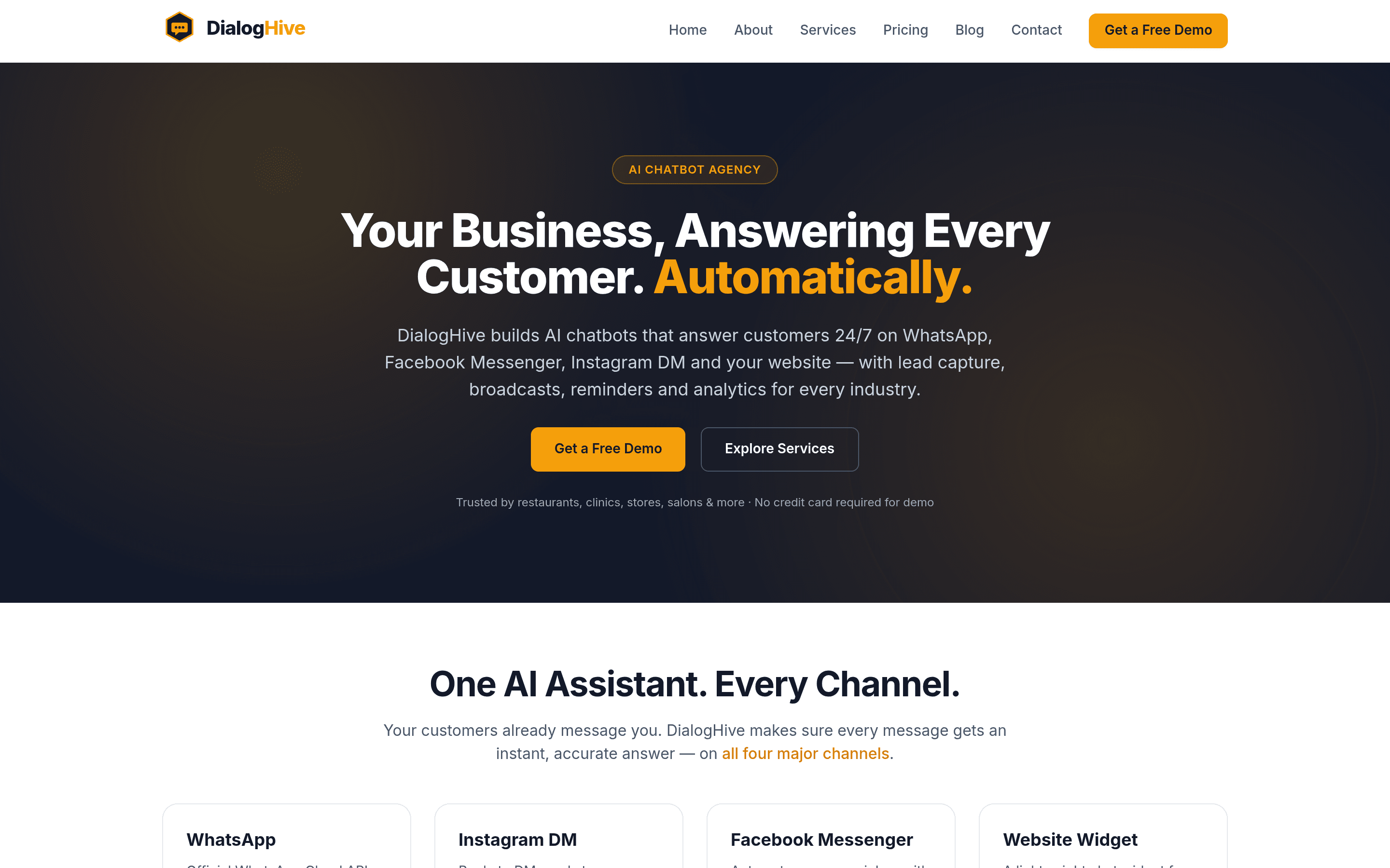 DialogHive — one AI assistant answering customers 24/7 across WhatsApp, Instagram, Messenger and website chat