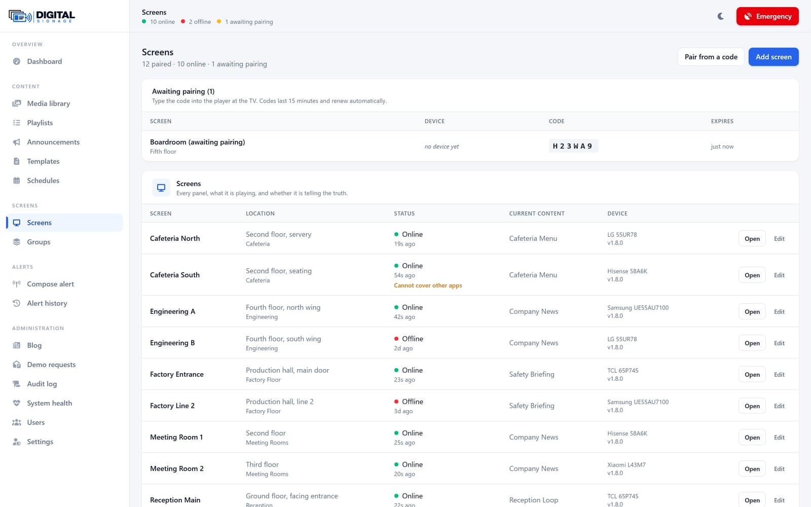 Die Geräteliste mit Pairing-Codes, Live-Status und dem aktuellen Inhalt jedes Bildschirms