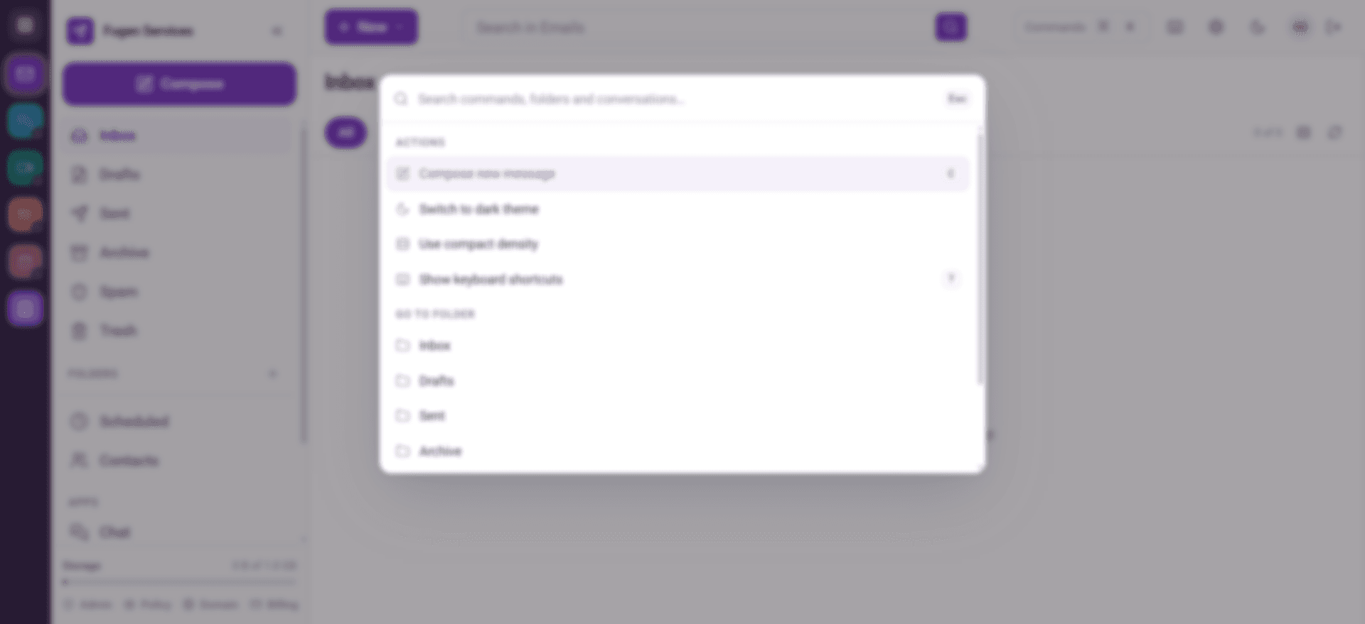 The Postmarrow email client with a command palette open — compose, switch theme and jump to any folder