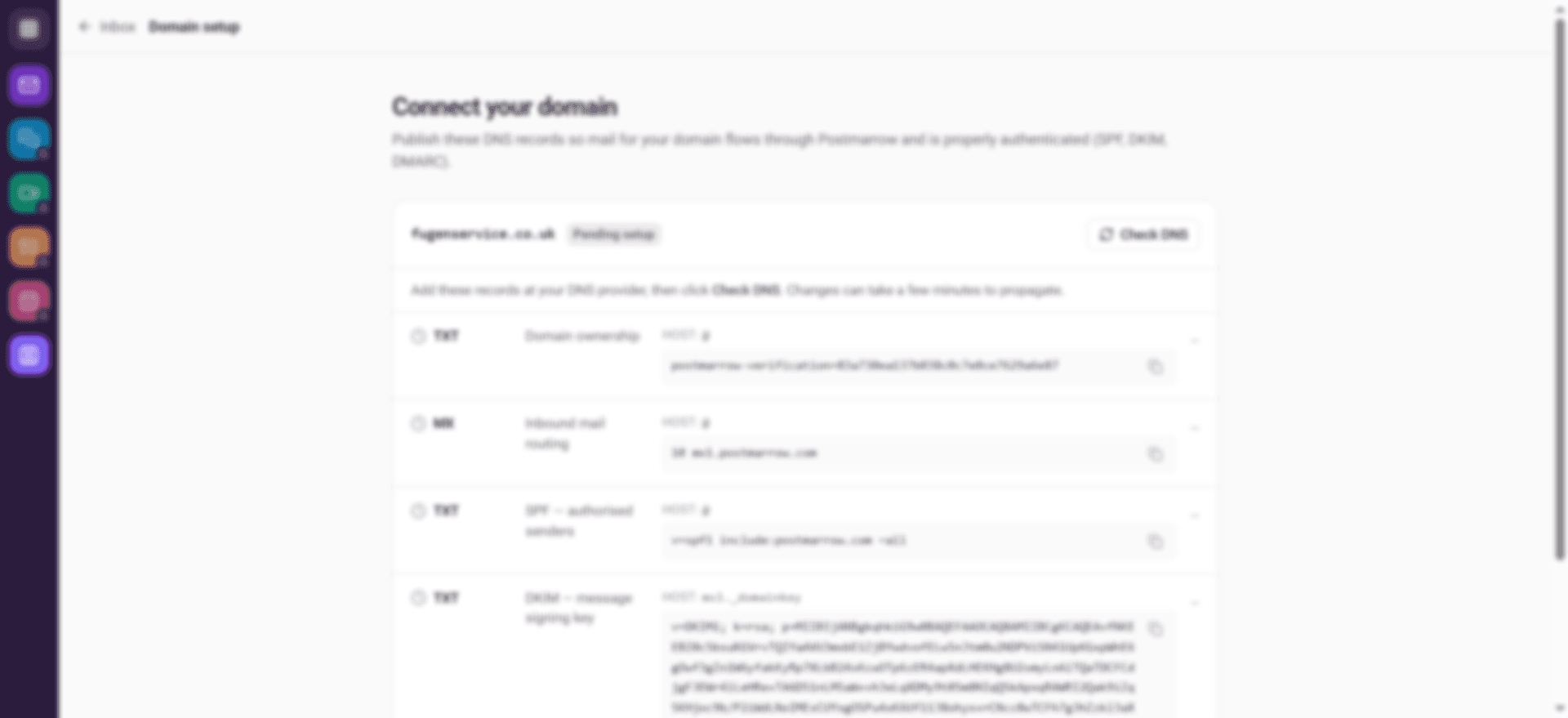 The Connect-your-domain screen showing TXT ownership, MX, SPF and DKIM records with a Check DNS button