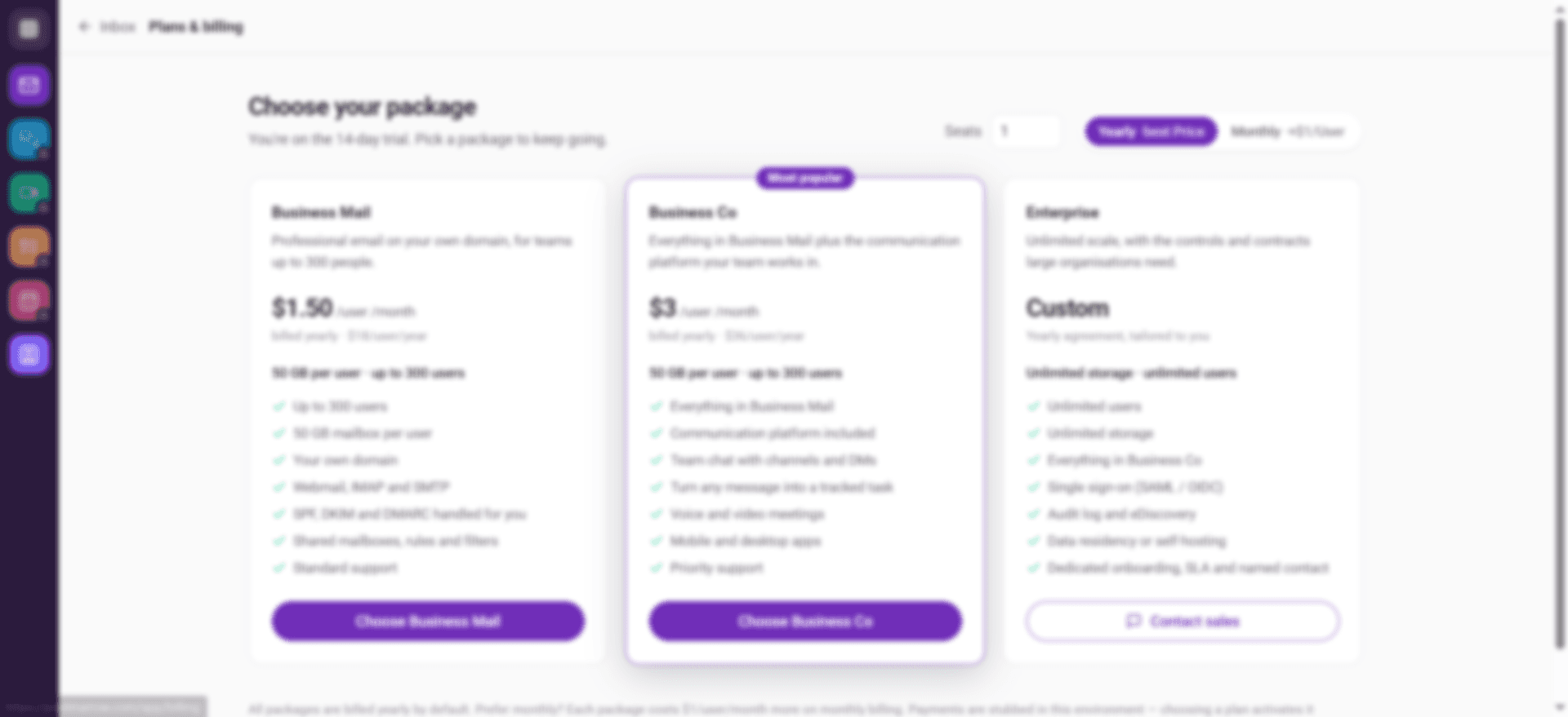 The plan chooser — Business Mail, Business Co and Enterprise packages with their feature lists