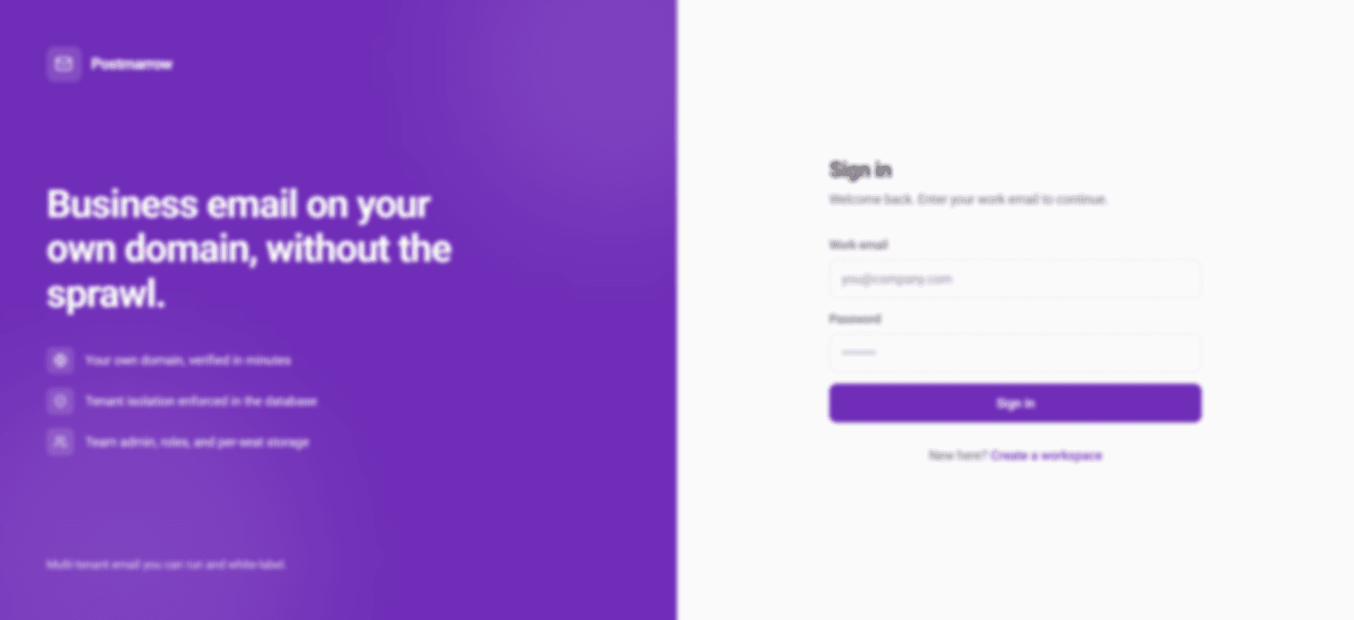 The Postmarrow sign-in — "Business email on your own domain, without the sprawl", with a per-company workspace