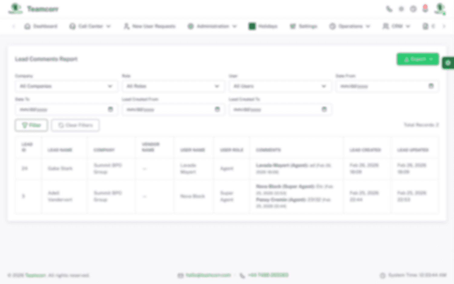 Reporting screen showing a lead-comments report with company, agent and timestamps