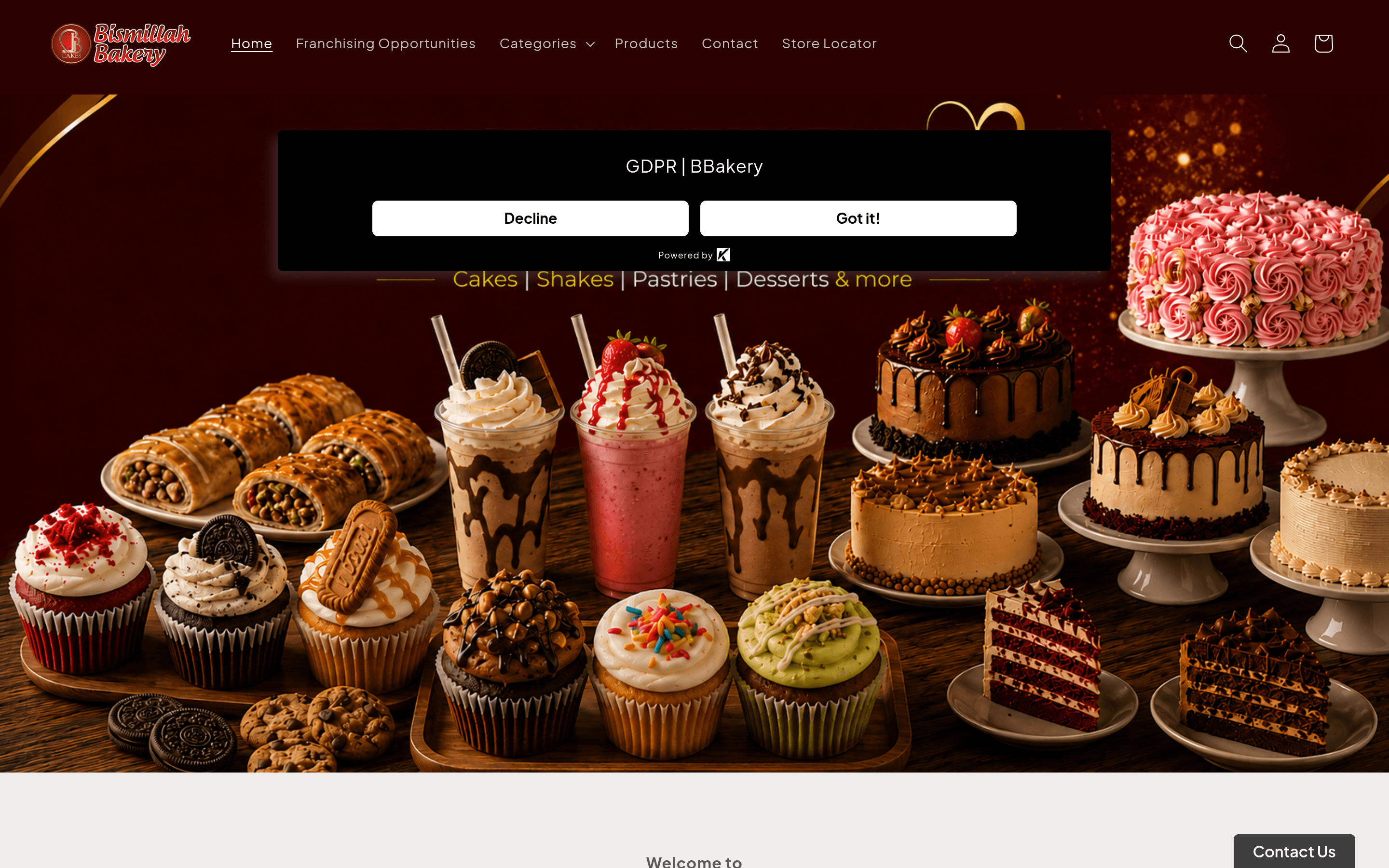 The Bismillah Bakery homepage — cakes, shakes, pastries and desserts, with Categories, Products, Store Locator and Franchising Opportunities