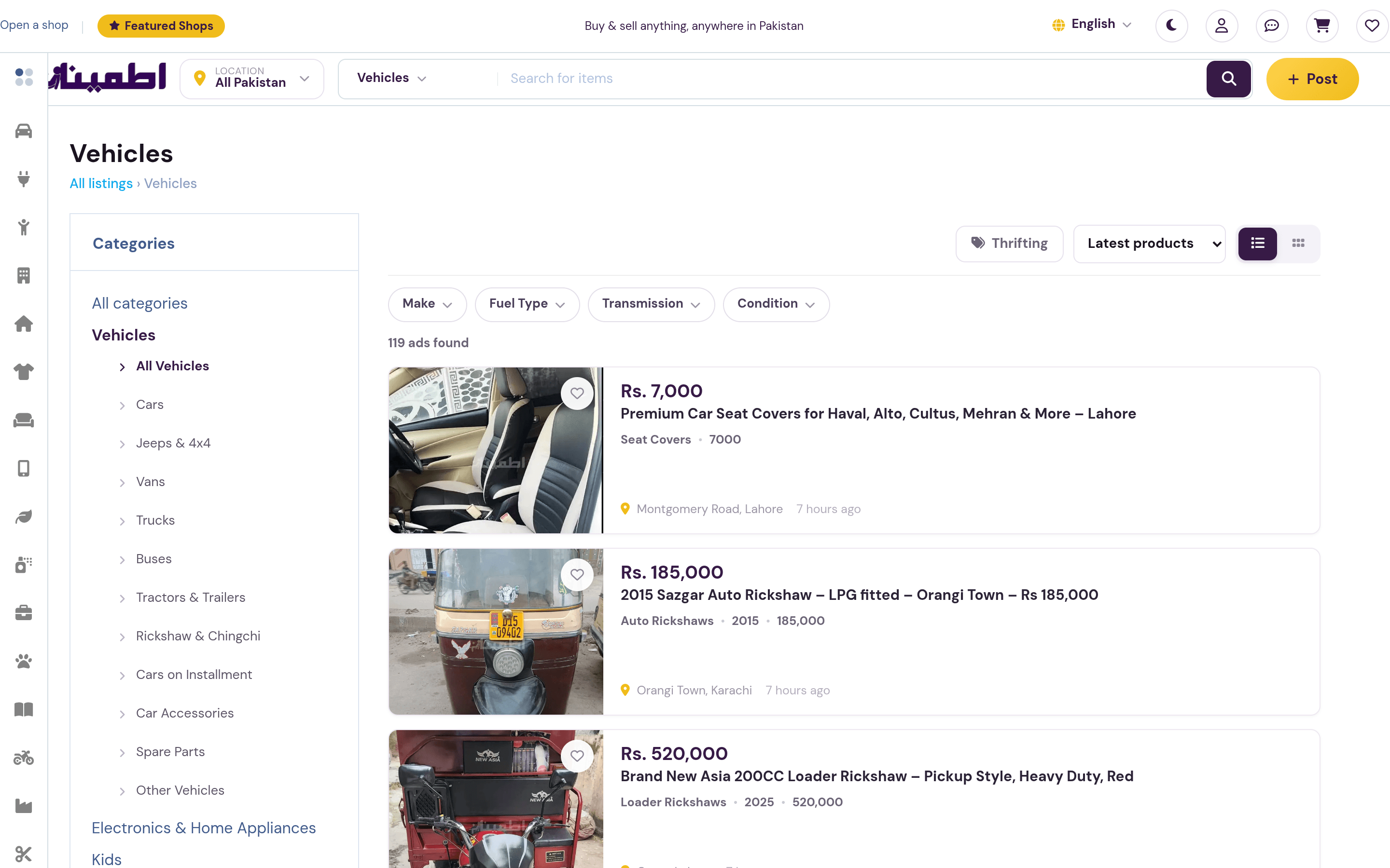 The Itmenaan.pk Vehicles category — a sidebar of sub-categories (cars, jeeps, vans, trucks, rickshaws), Make, Fuel Type, Transmission and Condition filters, and a grid of vehicle listings wit