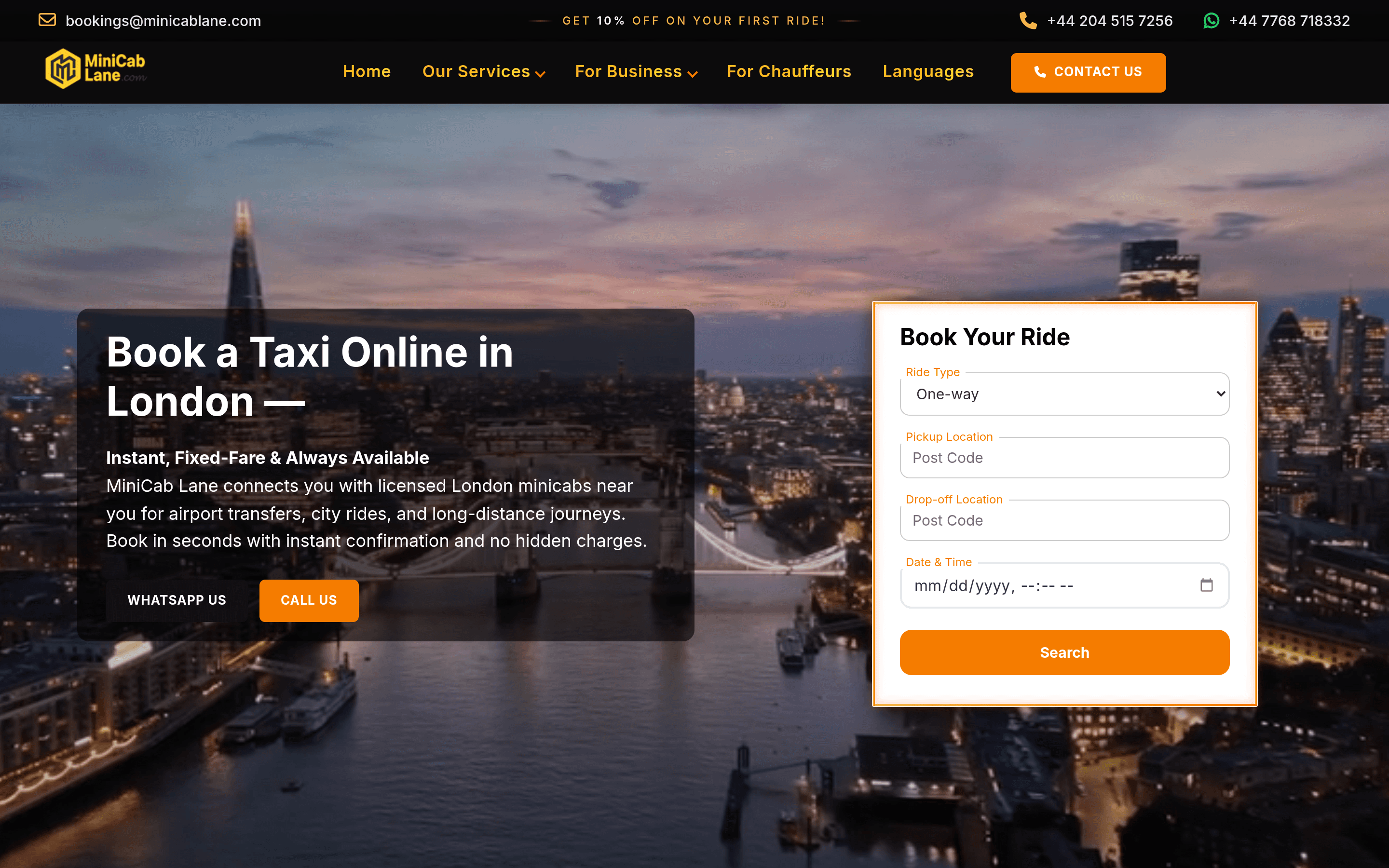 The MiniCab Lane homepage — "Book a Taxi Online in London" with a Book Your Ride widget over the London skyline