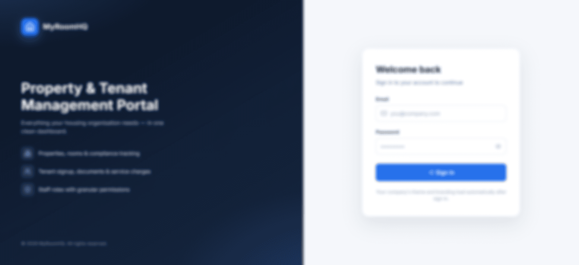 The MyRoomHQ dashboard — property, tenant and staff counts with charts and module navigation