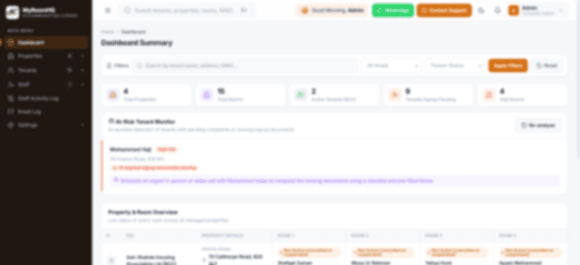 A MyRoomHQ management screen showing records in a searchable table with sidebar navigation