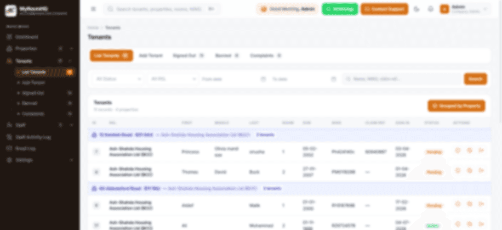 A MyRoomHQ compliance and records screen with filters and status