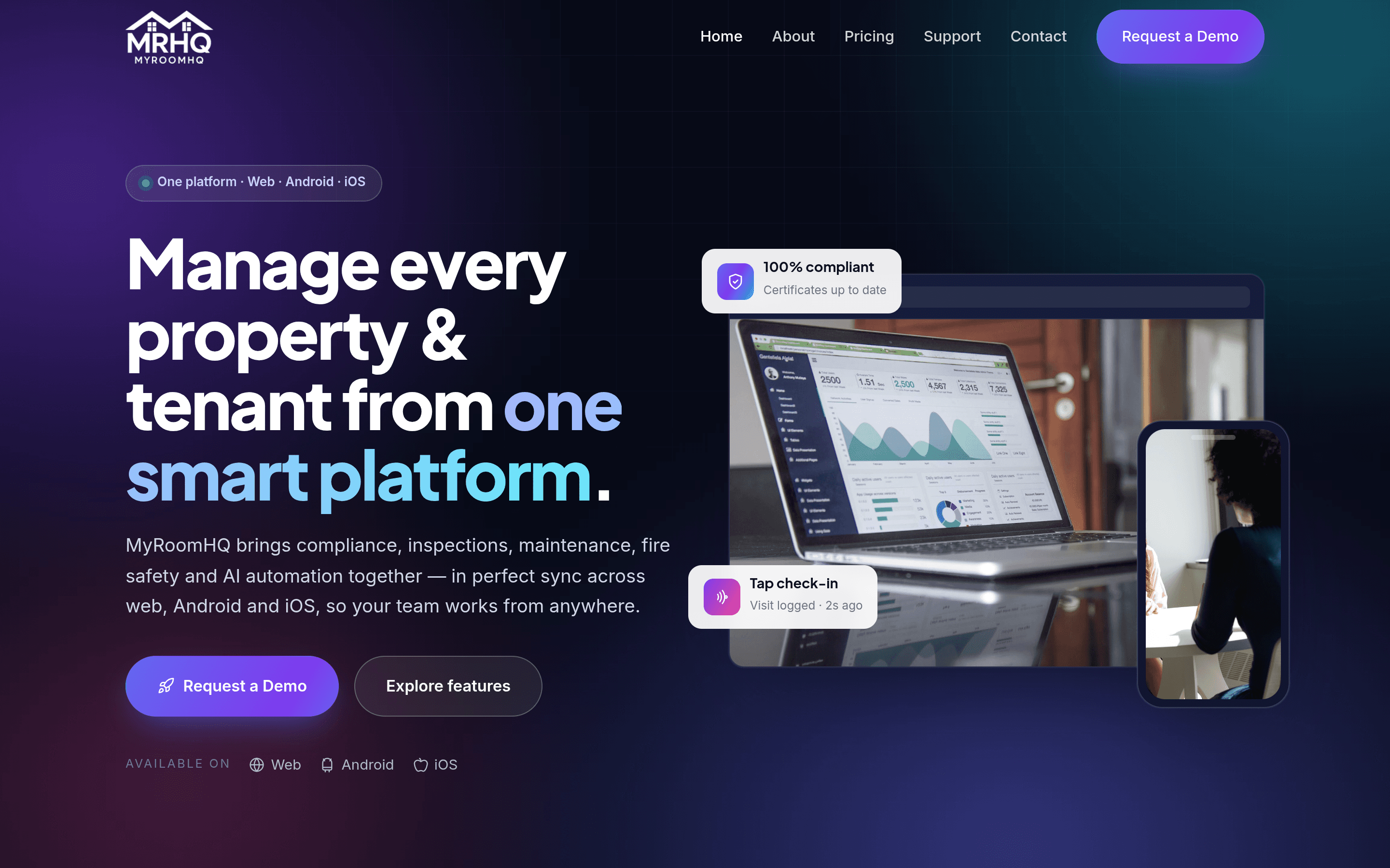 The MyRoomHQ marketing site — "Manage every property & tenant from one smart platform", available on web, Android and iOS