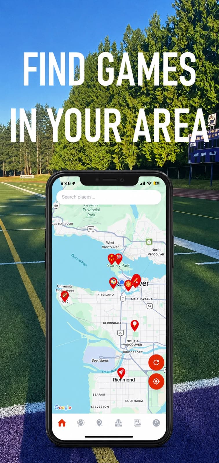 The PickupPals mobile app — a map of nearby pickup games