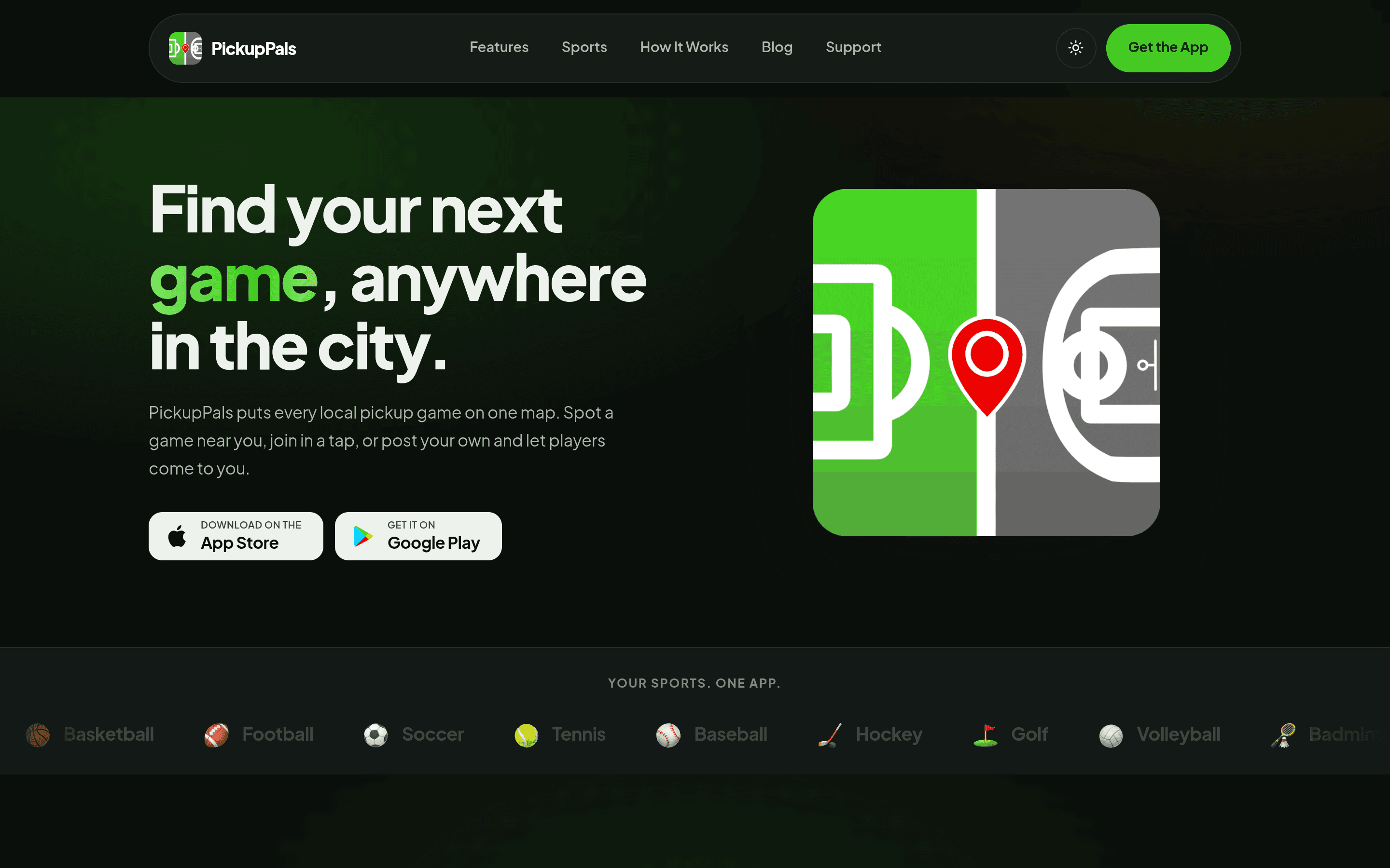 The PickupPals website — "Find your next game, anywhere in the city", with App Store and Google Play buttons and a row of sports