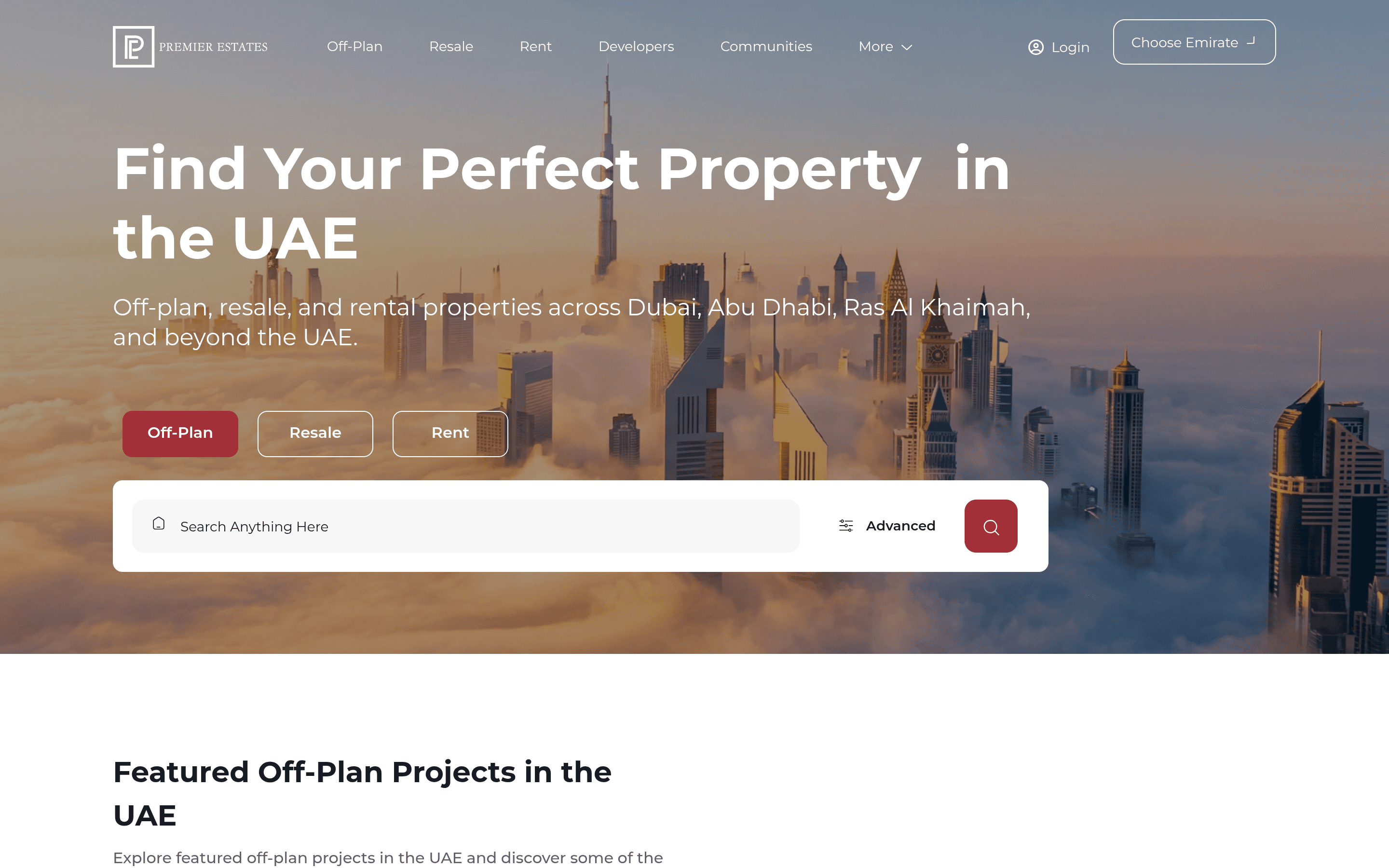 The Premier Estates homepage — "Find Your Perfect Property in the UAE" with Off-Plan, Resale and Rent search across Dubai, Abu Dhabi and Ras Al Khaimah