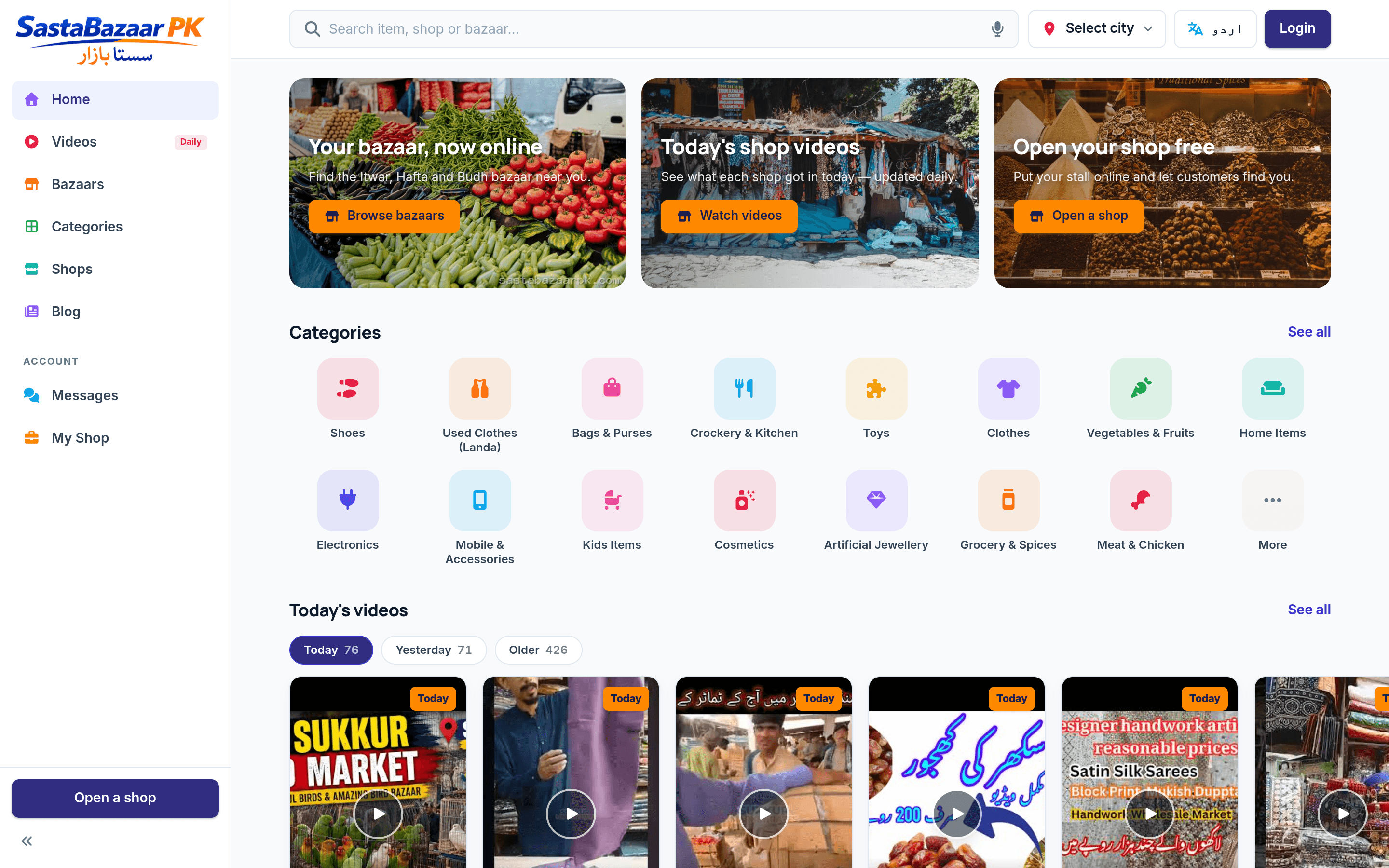 The SastaBazaar PK homepage — "Your bazaar, now online", with bazaar tiles, a category grid and a daily shop-videos feed